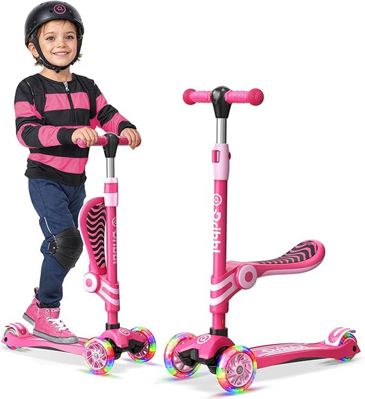 Pink 3 Wheel Scooter with Seat for Kids, Light-Up Wheels, Adjustable Lean to Steer Handlebar and Seat, Smooth Wheels, Wide No-Slip Deck, Rear Foot Brake, Toddler Outdoor Toys for Ages 2+