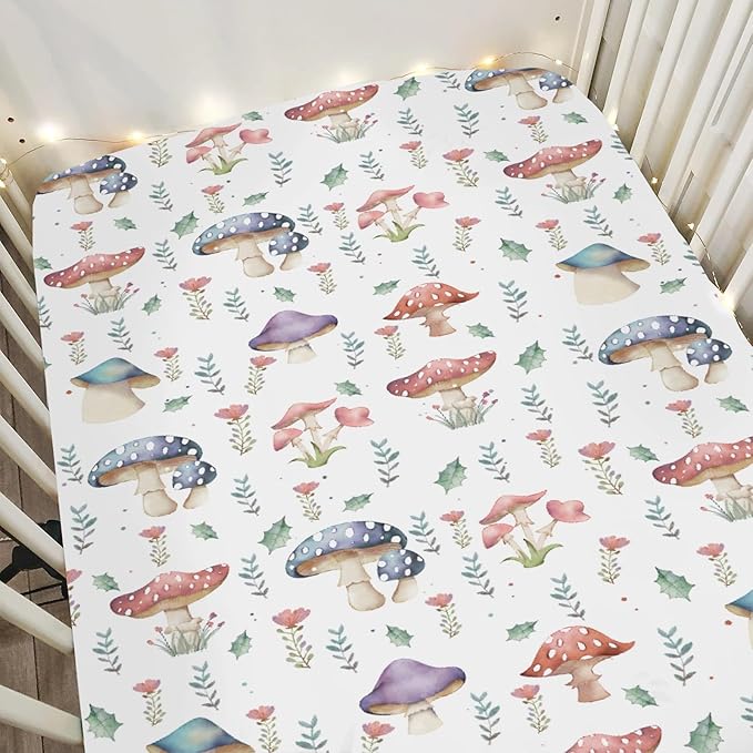 Fairytale Mushroom Baby Crib Sheets for Boy Girl 52x28Inch Colorful Mushrooms Floral Leaves Soft Snug Fitted Crib Mattress Cover Magical Plant Baby Sheet for Standard Crib & Toddler Bed Mattress