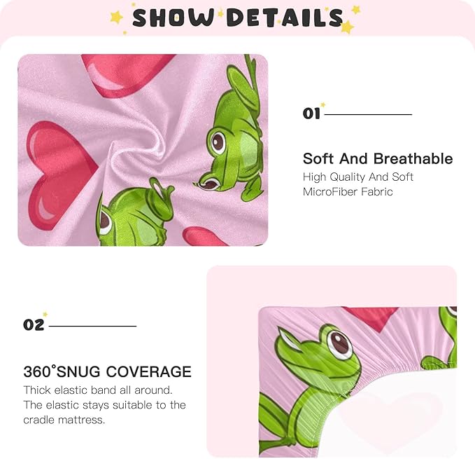 Pink Frog and Love01 Crib Sheets Standard Crib Toddler Mattresses Cover Fitted Baby Bed Sheet Breathable Crib Mattress Sheet for Girls Boys 52" x 28"x5''