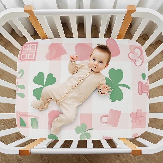 Pink Plaid St Patricks Day Clovers Hearts Crib Sheets Standard Crib Toddler Mattresses Cover Fitted Baby Bed Sheet Breathable Crib Mattress Sheet for Girls Boys 52" x 28"x5''