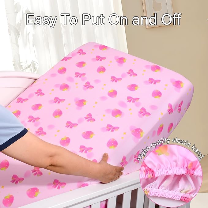 UOMNY Crib Sheet,Strawberry Bow Crib Sheets Baby Sheet for Standard Crib and Toddler Mattresses Nursery Bedding Sheet Crib Mattress Sheets for Boys and Girls 1 Pack Toddler Sheet