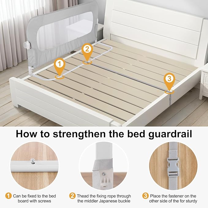 Bed Rail for Toddlers,Swing Down Kids Bed Rails Guard for Twin,Full,Queen,Bunk Size Bed,Extra Tall Child Bed Rail Guard with Reinforced Anchor Safety System(Grey,47 Inch)