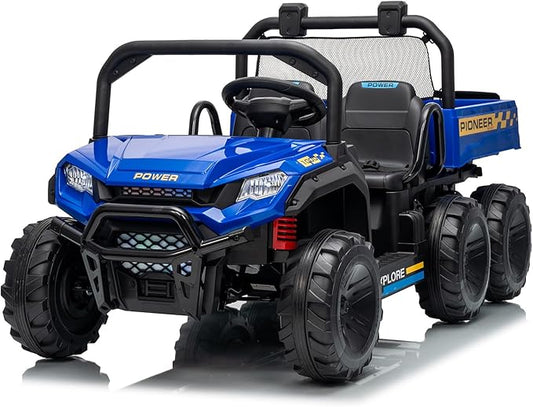 24V 4WD Electric Dump Truck for Kids, 2 Seater Remote Control Ride On Car with Dump Bed, All Terrain Vehicle Toy for Boys & Girls 3-8 Years Old, Blue