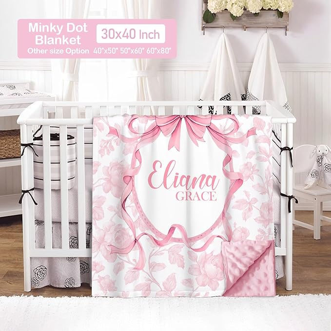Personalized Baby Crib Bedding Set – Custom Name 4 Pcs Pink Bow Nursery Set with Minky Blanket, Fitted Sheet, Pad Cover & Rug, Soft Bedding for Girls, Ideal Shower Gift for Baby, New Parents