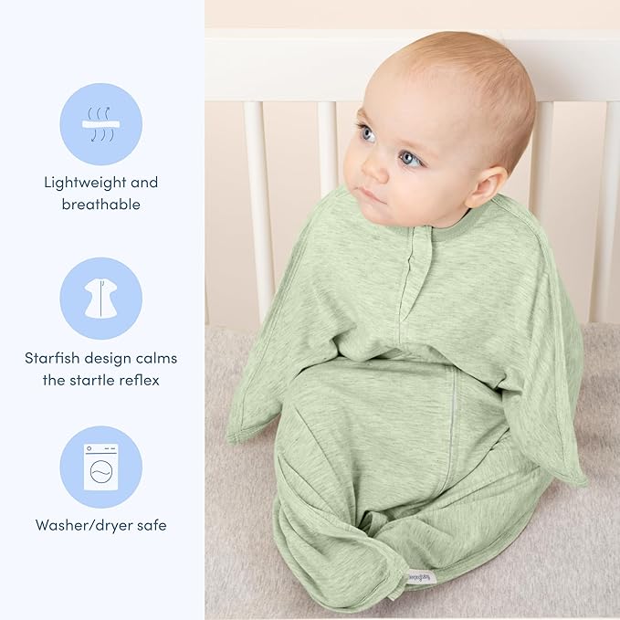 SleepingBaby Zipadee-Zip Transition Swaddle - Cozy Baby Swaddling Blanket with Zipper Convenience - Roomy Wearable Blanket for Easy Diaper Changes - 4-8 Month - Zen Garden Green Heather