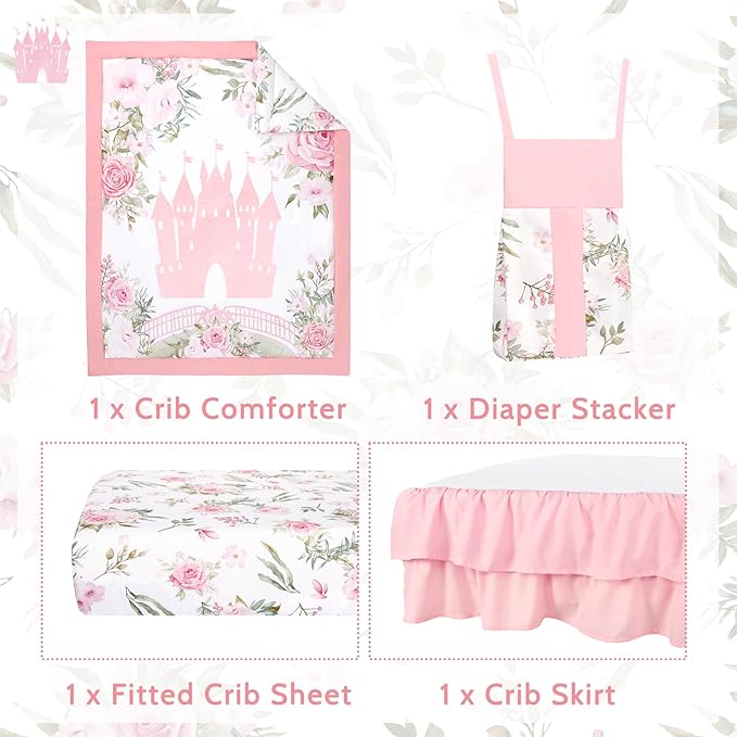 TANOFAR 4-Piece Crib Bedding Set for Baby Girls, Floral Castle Nursery Bedding Set Includes Comforter, Fitted Crib Sheet, Crib Skirt, and Diaper Stacker, Pink
