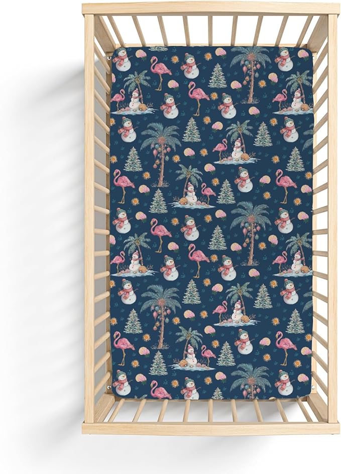 Preppy Beach Christmas Baby Crib Sheets for Boy Girl 52x28 Flamingo Palm Trees Snowmen Coastal Soft Snug Fitted Crib Mattress Cover Tropical Christmas Baby Sheet for Standard Crib & Toddler Mattress