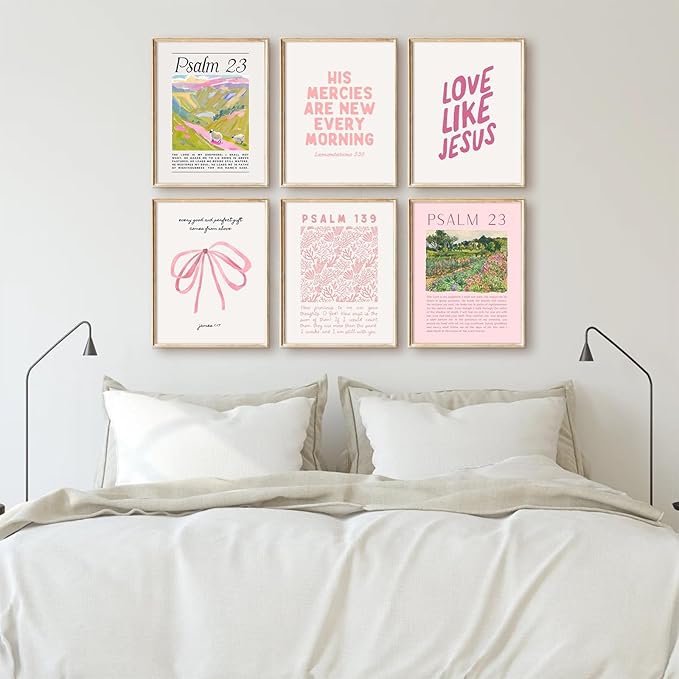 Christian Wall Art Pink Bible Verse Canvas Wall Decor Trendy Preppy Room Poster Cute Girls Scripture Pictures Decor Floral Bow Religious Prints Nursery Artwork for Bedroom 12x16x6 Inch Unframed