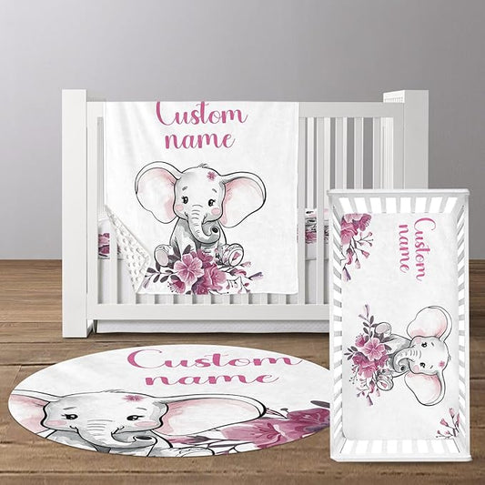 Custom Baby Crib Bedding Set, Personalized Name Floral Elephant Theme Crib Set 3 Pcs, Soft Double Layer Blanket, Crib Sheet & Room Rug, Ideal Nursery Decor Gift for Baby Girls Boys