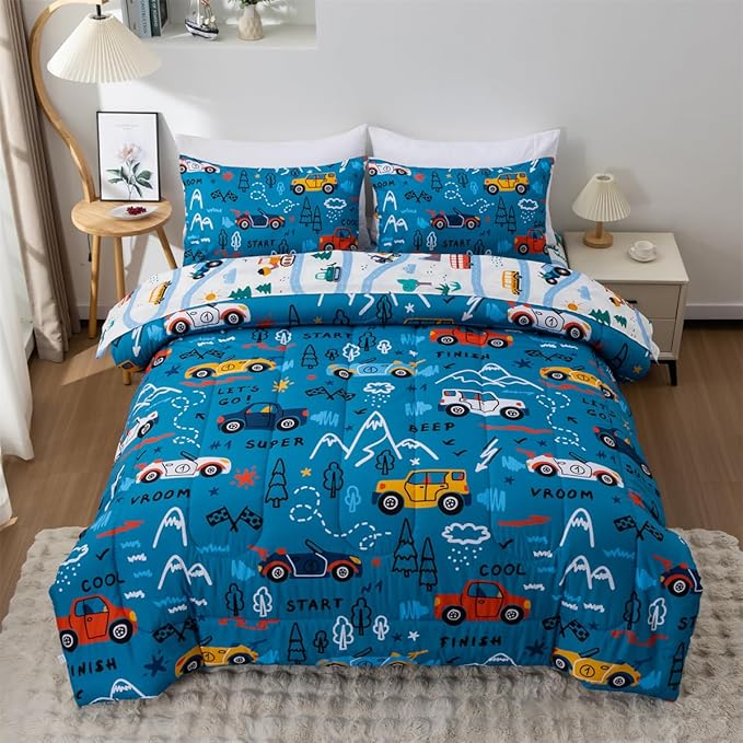 NTBED 5 Pieces Racing Cars Comforter Set Full for Boys Kids Bed in a Bag Vehicles Transportation Lightweight Microfiber Bedding Sets,Blue
