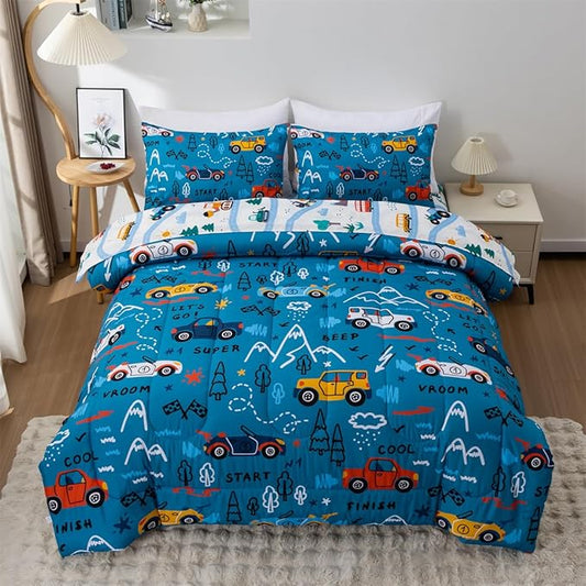 NTBED 5 Pieces Racing Cars Comforter Set Full for Boys Kids Bed in a Bag Vehicles Transportation Lightweight Microfiber Bedding Sets,Blue