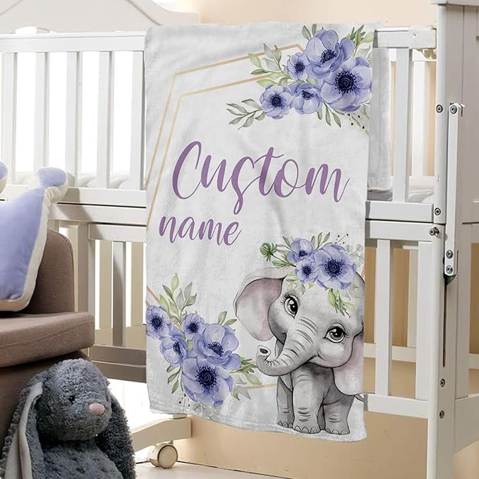 Personalized Baby Crib Bedding Set: 4 Piece Purple Flower Custom Gift Crib Bed Set with Name - Elephant Design, Nursery Bedding Set for Baby Girls,Newborn Girls Crib Sets, Crib Bedding Shower Gifts
