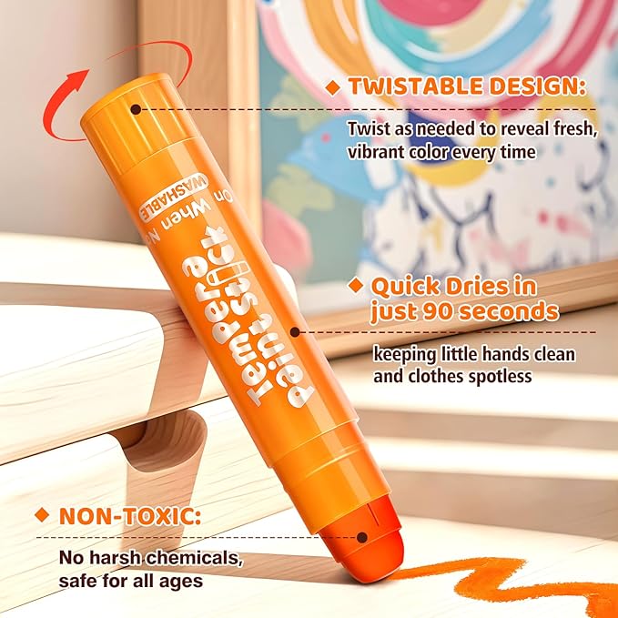 144 Pcs Ellinjan Tempera Paint Sticks For Kids, 12 Classic Colors, Washable & Quick-Drying Twistable Solid Paint, Bulk Art Supplies for Drawing & Painting, Back to School Art Supplies for Kids Classroom