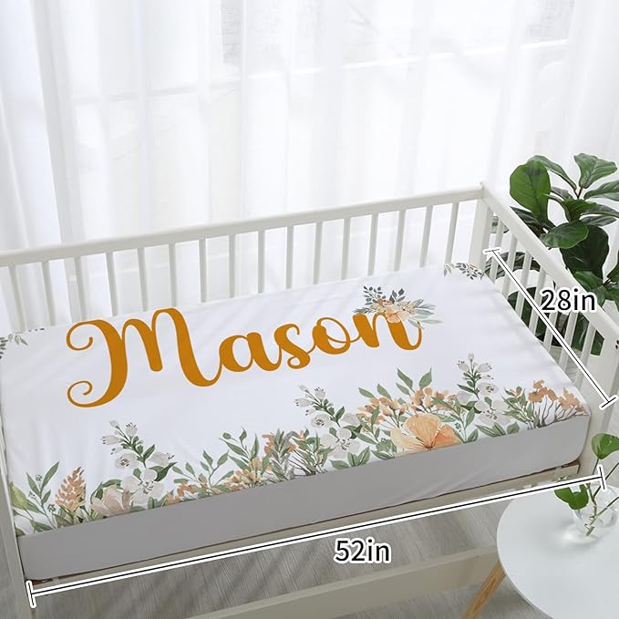 Floral Personalized Baby Crib Bedding Set – Custom Name 5-Piece Nursery Crib Set with Baby Blanket Fitted Sheet Changing Pad Cover Room Rug and Wall Art – Girl’s Nursery Decor