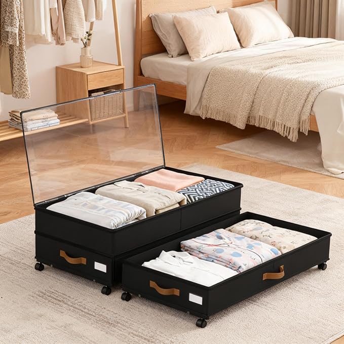 GOVEYONY Under Bed Storage with Wheels 2-Pack, 75L XXL Under the Bed Storage Containers Large, 12" Tall Adjustable Storage for Underbed with Lids, Rolling for Clothes, Shoes, Blankets (Black)