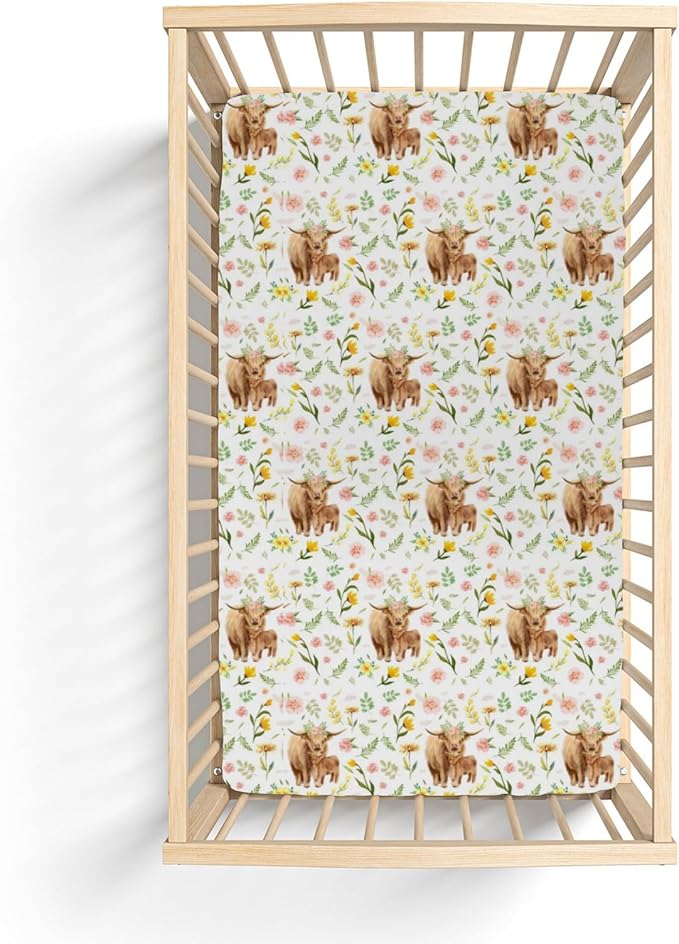 Highland Cows Boho Floral Baby Crib Sheets for Boy Girl 52x28Inch Yak Cattle Retro Flowers Leaves Soft Snug Fitted Crib Mattress Cover Farm Animal Baby Sheet for Standard Crib & Toddler Bed Mattress