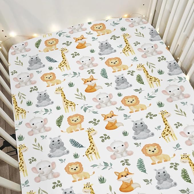 Safari Animals Baby Crib Sheets for Boy Girl 28"x52" Lion Giraffe Elephant Hippo Tropical Leaves Soft Snug Fitted Crib Mattress Cover Zoo Jungle Nursery Baby Sheet for Crib & Toddler Bed Mattress
