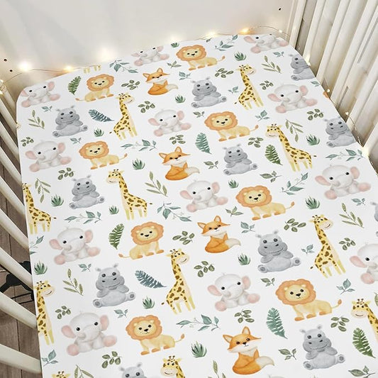 Safari Animals Baby Crib Sheets for Boy Girl 28"x52" Lion Giraffe Elephant Hippo Tropical Leaves Soft Snug Fitted Crib Mattress Cover Zoo Jungle Nursery Baby Sheet for Crib & Toddler Bed Mattress