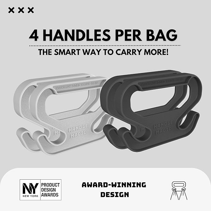 Handle Magic (4 Units) Bag Carriers | Ergonomic Grip and Bag Holder | Pocket Size | Lightweight & Comfortable for Shopping & Travel - Made in USA (White Black)