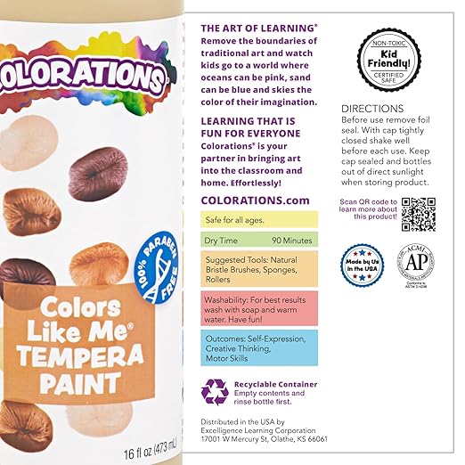 Colorations Washable Multicultural Paint - Color Like Me, 16 fl oz Bottle, Almond Skin Color, Kids, Art Supplies, Diverse, Skin Tones, Multi-ethnicity, Colors from Around The World (Item # CMAL)