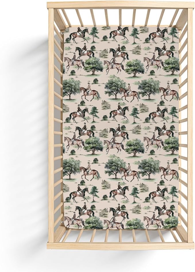 Watercolor Horses Trees Baby Crib Sheets for Boy Girl 52"x28" Vintage Horse Riding Soft Stretchy Fitted Crib Mattress Cover Wild West Animal Baby Sheet for Standard Crib and Toddler Bed Mattress