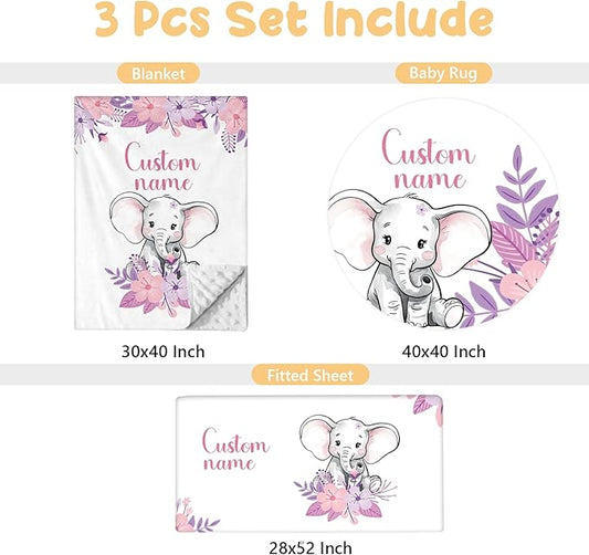 Personalized Baby Bedding Set - 3 Pcs Custom Name Crib Bedding Set for Nursery, Soft Double Layer Baby Crib Set for Boys Girls, Customized Gifts for New Parents Infant Toddler, Purple Elephant