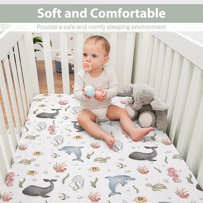 Watercolor Sea Animals Baby Crib Sheets for Boy Girl 28"x52" Whale Dolphin Turtle Jellyfish Coral Soft Snug Fitted Crib Mattress Cover Ocean Marine Baby Sheet for Standard Crib & Toddler Bed Mattress