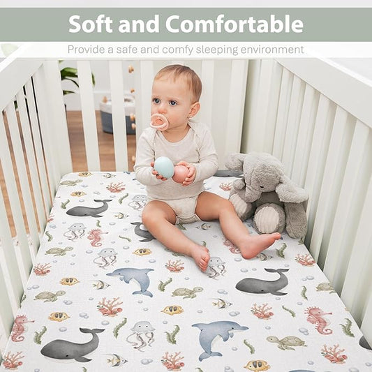 Watercolor Sea Animals Baby Crib Sheets for Boy Girl 28"x52" Whale Dolphin Turtle Jellyfish Coral Soft Snug Fitted Crib Mattress Cover Ocean Marine Baby Sheet for Standard Crib & Toddler Bed Mattress