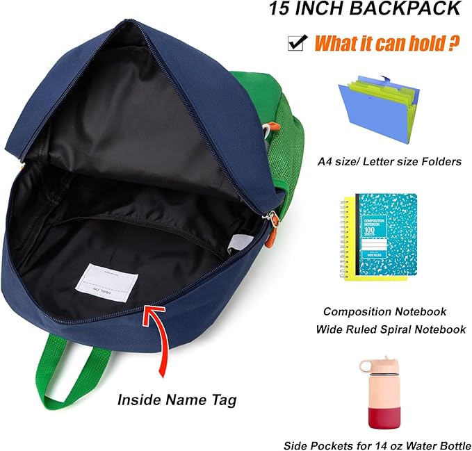 HawLander Little Kids Backpack for Boys or Girls, Toddler School Bag Fits 3 to 6 years old, Dark Blue Green, 15 Inch