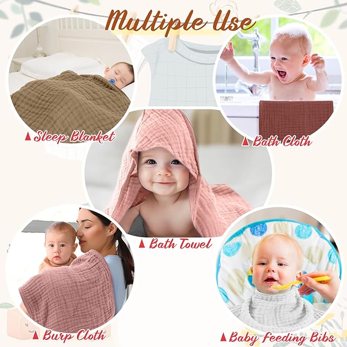 VitalCozy 12 Pcs Baby Muslin Hooded Bath Towels and Washcloths Muslin Cotton Hooded Baby Towels Absorbent Blankets for Gift Newborn Infant Shower (32 x 32 Inch,Girl Style)