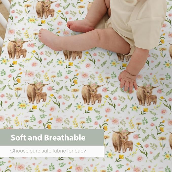 Highland Cows Boho Floral Baby Crib Sheets for Boy Girl 52x28Inch Yak Cattle Retro Flowers Leaves Soft Snug Fitted Crib Mattress Cover Farm Animal Baby Sheet for Standard Crib & Toddler Bed Mattress