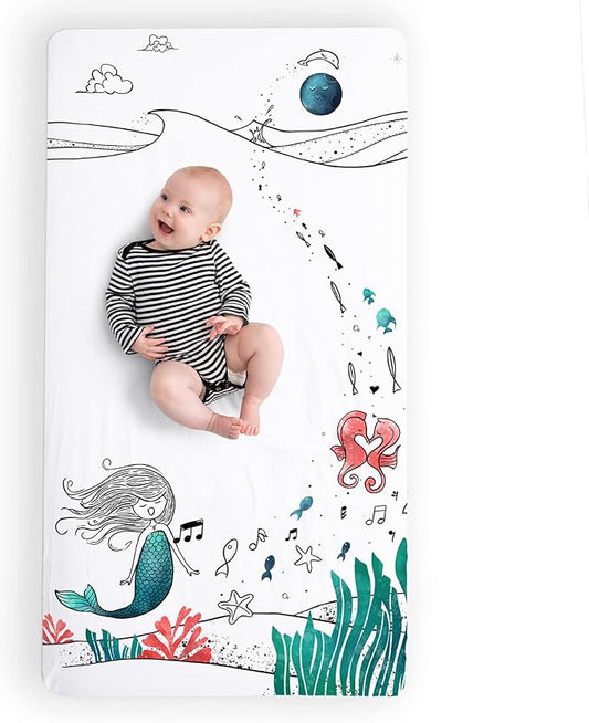 JumpOff Jo - Fitted Crib Sheet, Super Soft Breathable 100% Cotton Baby Crib Sheet for Standard Crib Mattresses and Toddler Beds, 28 in. x 52 in. - Moonlight Mermaid