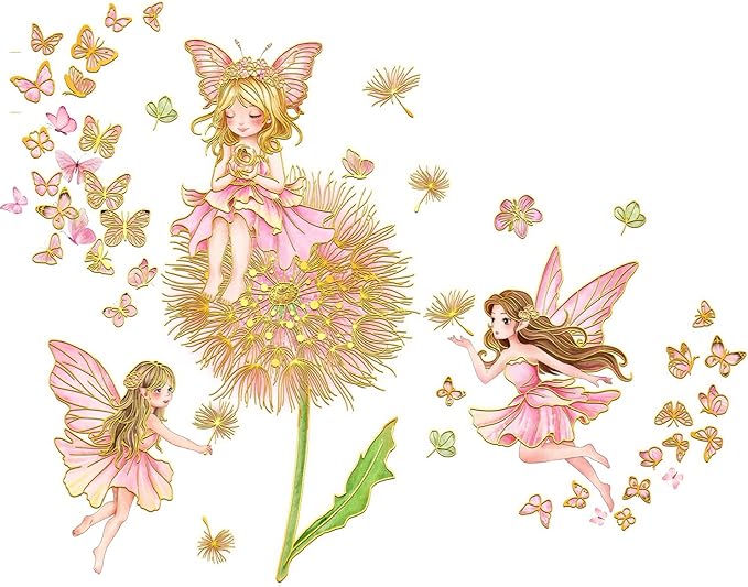 Pink Fairy Flower Wall Decal Large Dandelion Butterflies Wall Decor Peel and Stick Cartoon Style Stickers for Girls Bedroom Baby Nursery Kids Room