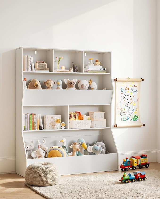 Arlopu Kids Bookshelf & Toy Storage Organizer, 4 Tier Wooden Cabinet with Open Design, Toddler-Friendly Bookcase for Playroom, Nursery, Classroom, Kindergarten (White)