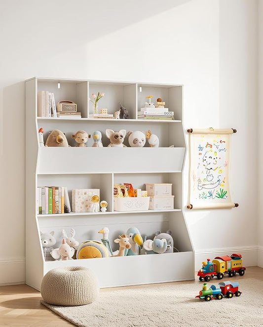 Arlopu Kids Bookshelf & Toy Storage Organizer, 4 Tier Wooden Cabinet with Open Design, Toddler-Friendly Bookcase for Playroom, Nursery, Classroom, Kindergarten (White)