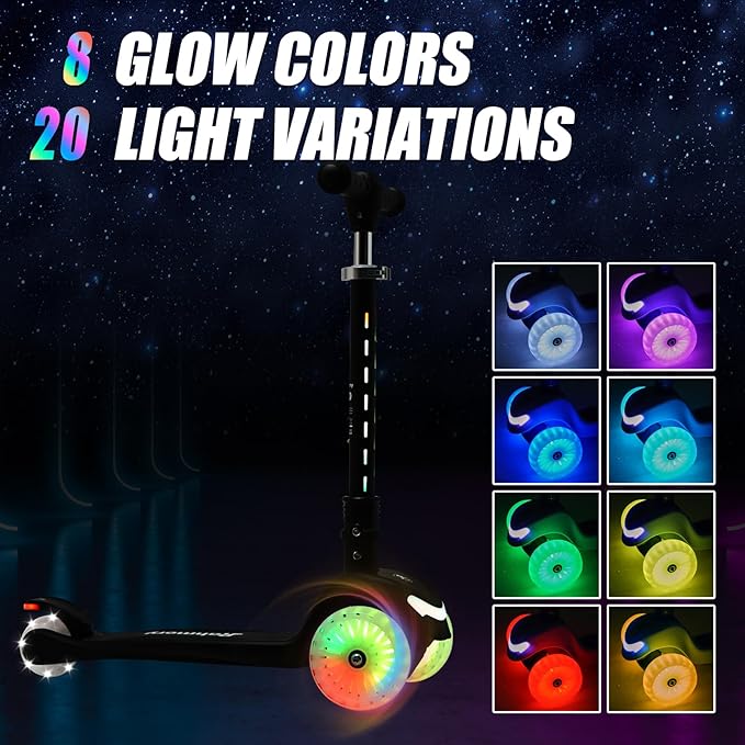 Light-Up Scooter for Kids 3-8,20 Dynamic Light Patterns for Evening Play Safety - Lean-to-Steer Kick Scooter with Adjustable Handlebar (Grows with Child) - Gift for Boys & Girls