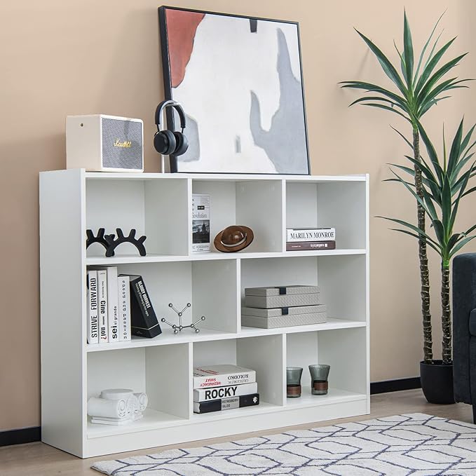 Giantex 8 Cube Bookcase, Freestanding 3-Tier Open Bookshelf, Modern Storage Display Cabinet, Wood Cube Storage Organizer for Living Room, Kid’s Room, White