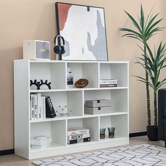 Giantex 8 Cube Bookcase, Freestanding 3-Tier Open Bookshelf, Modern Storage Display Cabinet, Wood Cube Storage Organizer for Living Room, Kid’s Room, White