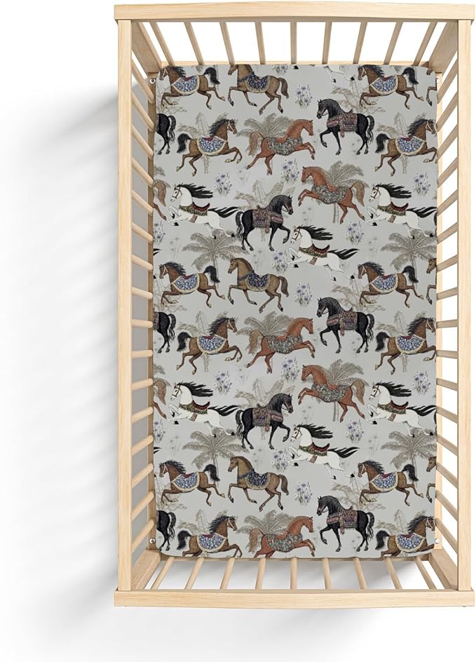 Vintage Horses Baby Crib Sheets for Boy Girl 52x28Inch Retro Arabian Horses Palm Trees Soft Stretchy Fitted Crib Mattress Covers Horse Lovers Baby Sheet Fits Crib and Toddler Bed Mattresses Gray