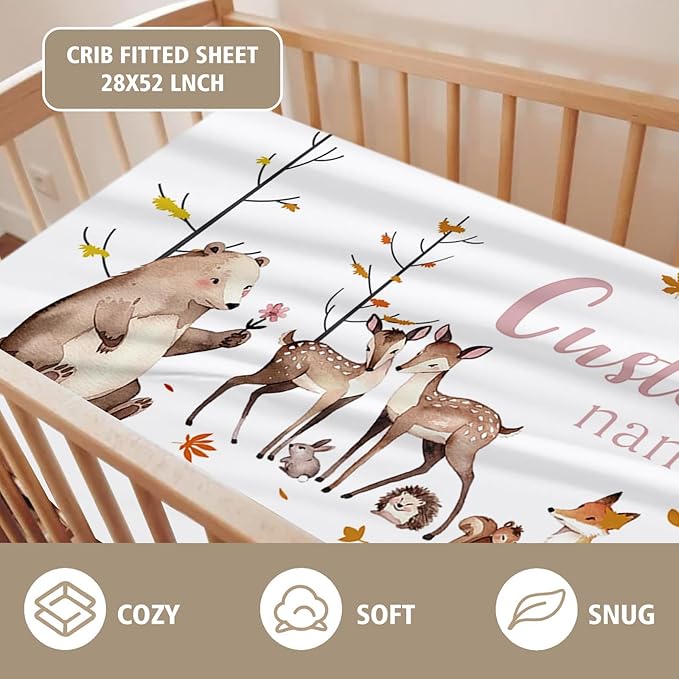 Custom Name Crib Bedding Set 3-Piece – Fox Sika Deer Design Baby Bedding Set with Personalized Soft Blanket, Fitted Sheet, Changing Pad Cover – Ideal Newborn Gift for Boys and Girls