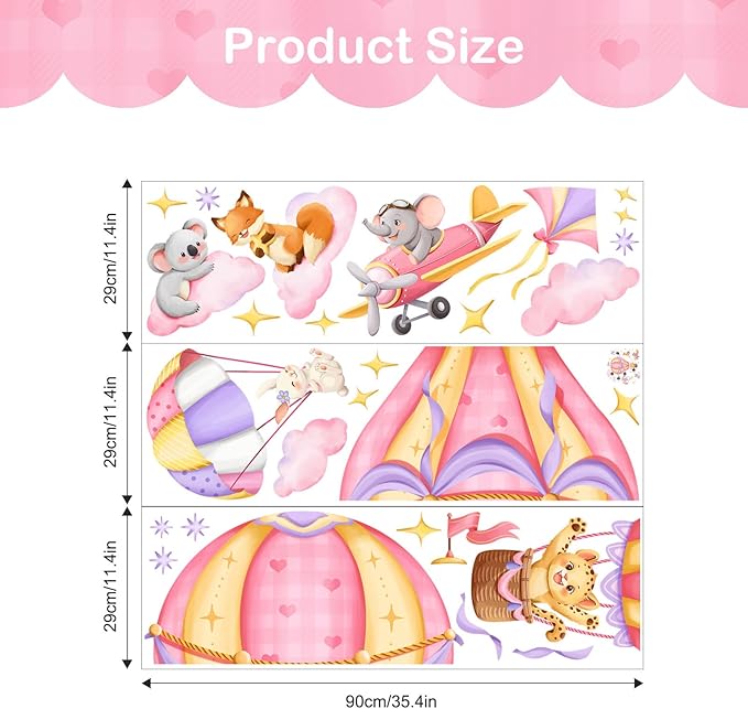 Tanlaby Pink Hot Air Balloon Wall Stickers Jungle Animals Fox Leopard Elephant Wall Decals Peel and Stick Art Decor for Baby Nursery Kids Bedroom Playroom Daycare Classroom