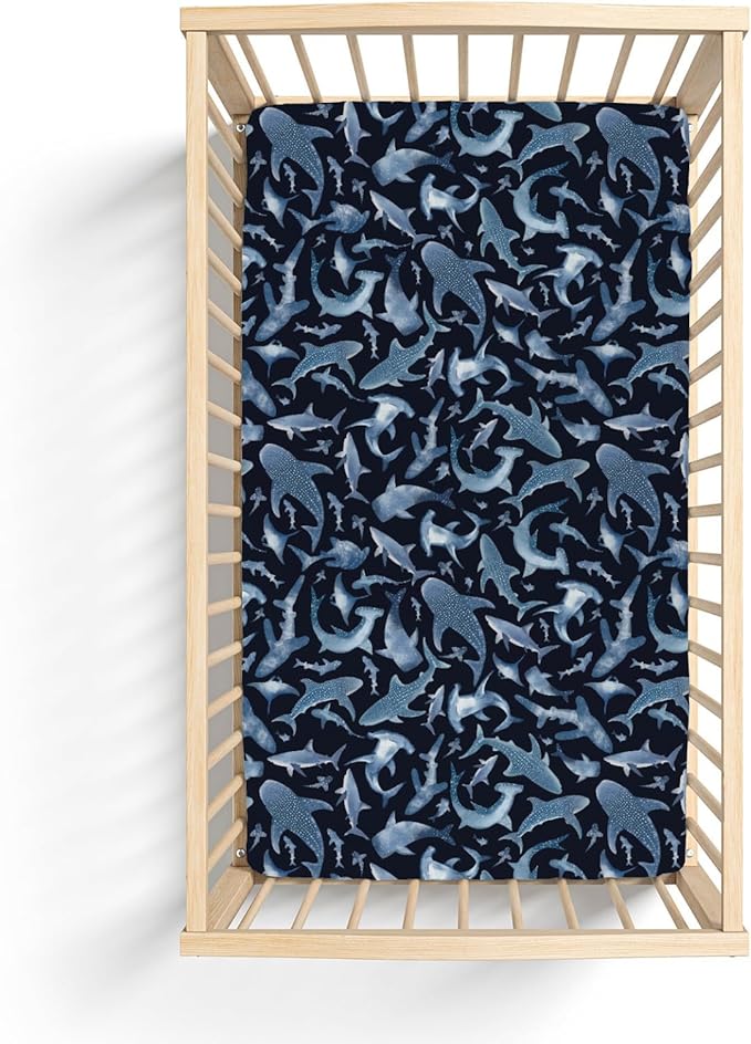 Blue Sharks Baby Crib Sheets for Boy Girl 52"x28" Sea Ocean Animal Soft Stretchy Fitted Crib Mattress Covers Nautical Shark Nursery Baby Sheet for Standard Crib and Toddler Bed Mattress