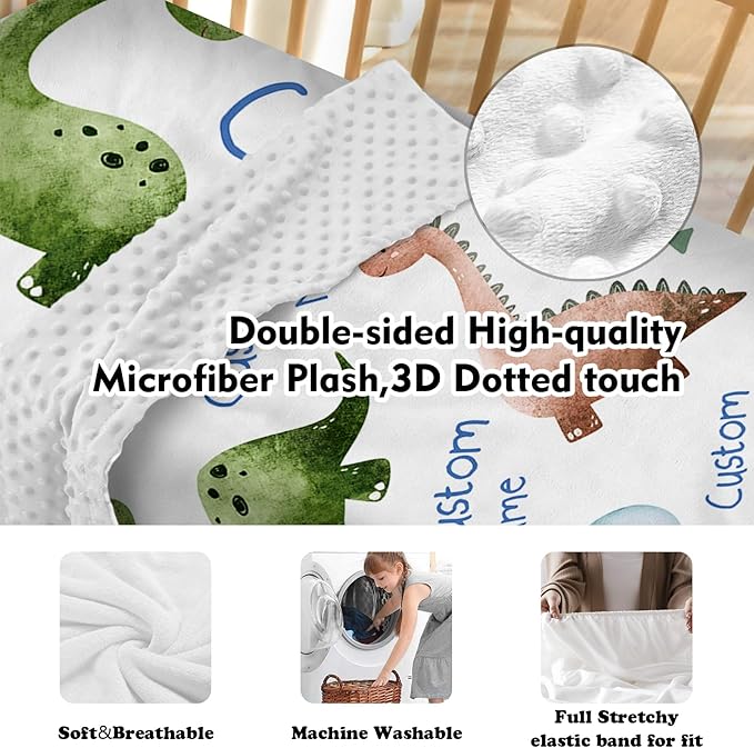 Custom Crib Bedding Set – Personalized Dinosaur Baby Bedding 5-Piece Set with Soft Blanket, Fitted Sheet, Changing Pad Cover, Rug and Wall Art – Fun Dino Nursery Gift for Boys Girls