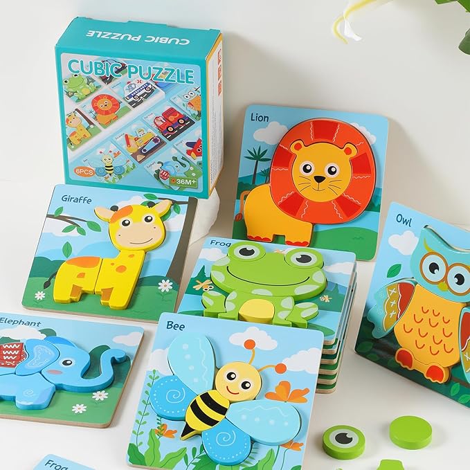 6 Pack Toddler Wooden Jigsaw Animals Cubic Puzzles for Kids Girls Boys Toddlers, Educational Preschool Montessori Toys Birthday Gifts for Colors & Shapes Cognition Skill Learning