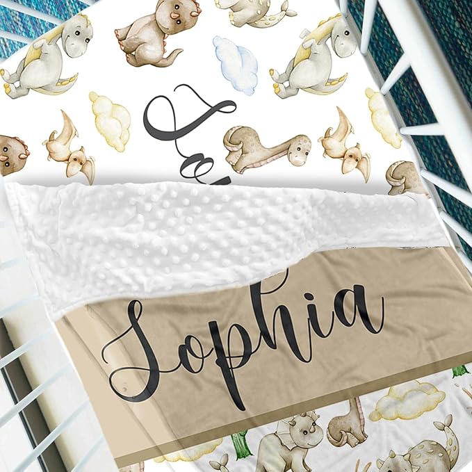 Personalized Crib Bedding Set with Name - 2 Piece Dinosaur Theme Baby Crib Set for Boys, Double Layer Blanket and Crib Sheet for Newborns, Toddlers Gifts