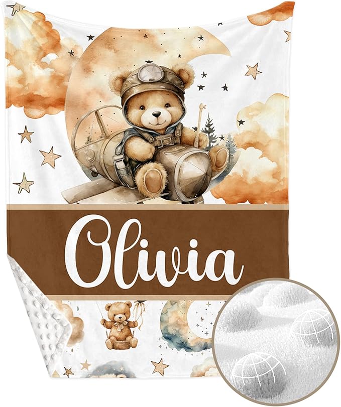 Personalized Baby Crib Bedding Set, Custom Name Balloon Bear Baby Bedding 2-Pcs Set - Soft Double Layer Dotted Blanket and Fitted Sheet, Nursery Bedding for Newborn Boys Girls, Perfect Shower Gift
