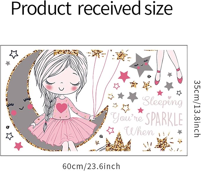 ROFARSO Colorful Cute Lovely Wall Stickers for Kids Peel and Stick Removable Wall Decals DIY Decorations Decor for Nursery Baby Girls Bedroom Playroom Living Room (Girl Sitting On The Moon)