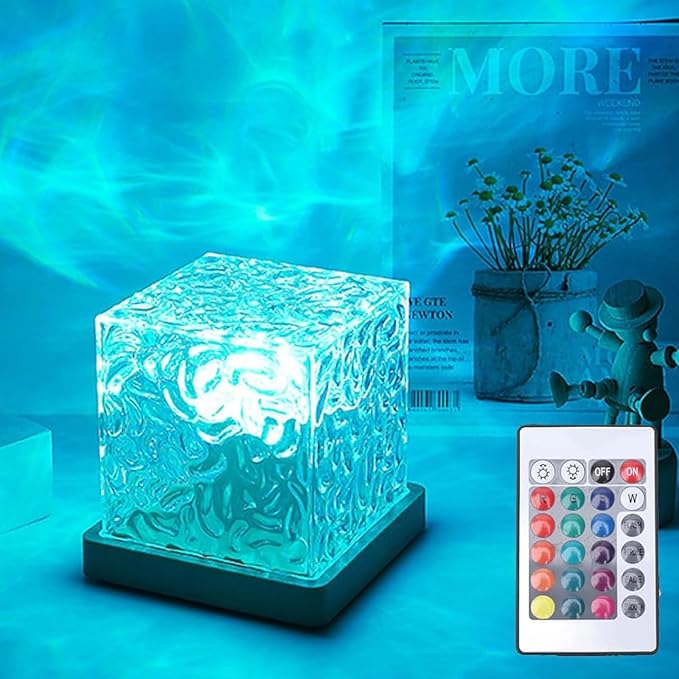 Growalleter Ocean Wave Projector Light, 16-Color LED Cube Lamp & Remote, 3D Holographic Water Ripple, Romantic Ambient Lighting for Kids Room, Meditation, Relaxation, Bathroom, Night Light (Plug-in)