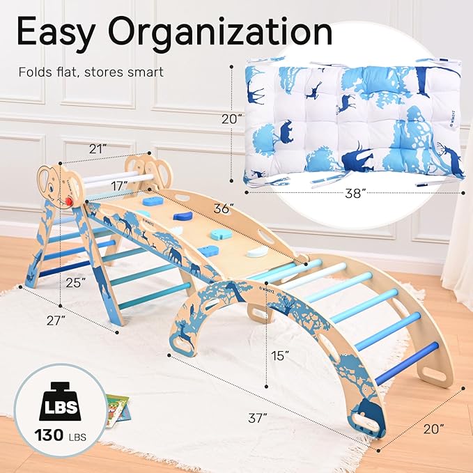wingyz 8-in-1 Pikler Triangle Set-Foldable Baby Climbing Toys with Cushion,Arch, Ramp & Ladder | Montessori Toddler Climber Indoor Jungle Gym for Kids (Blue)