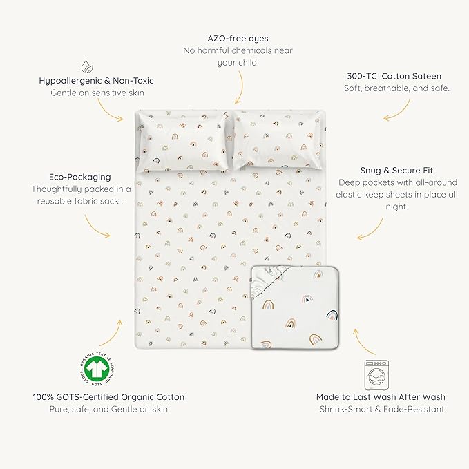 MakeMake Organics Organic Queen Fitted Sheet Set GOTS Certified Organic Cotton Fitted Sheet with Pillowcase Ultra Soft Non Toxic Breathable Hypoallergenic Colorful Neutral (Queen, Rainbow)